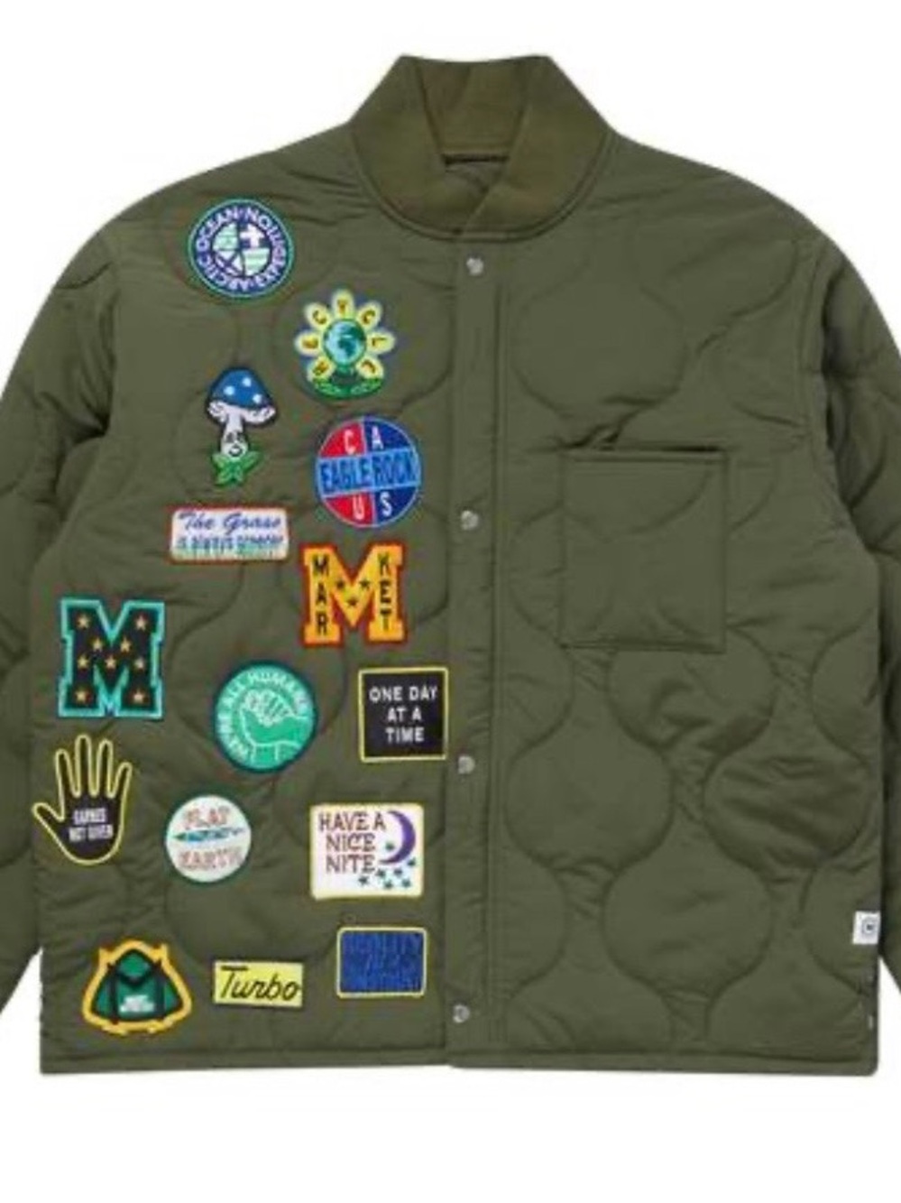 Market X Embroidered Patch Olive Green Quilted Bomber Jacket